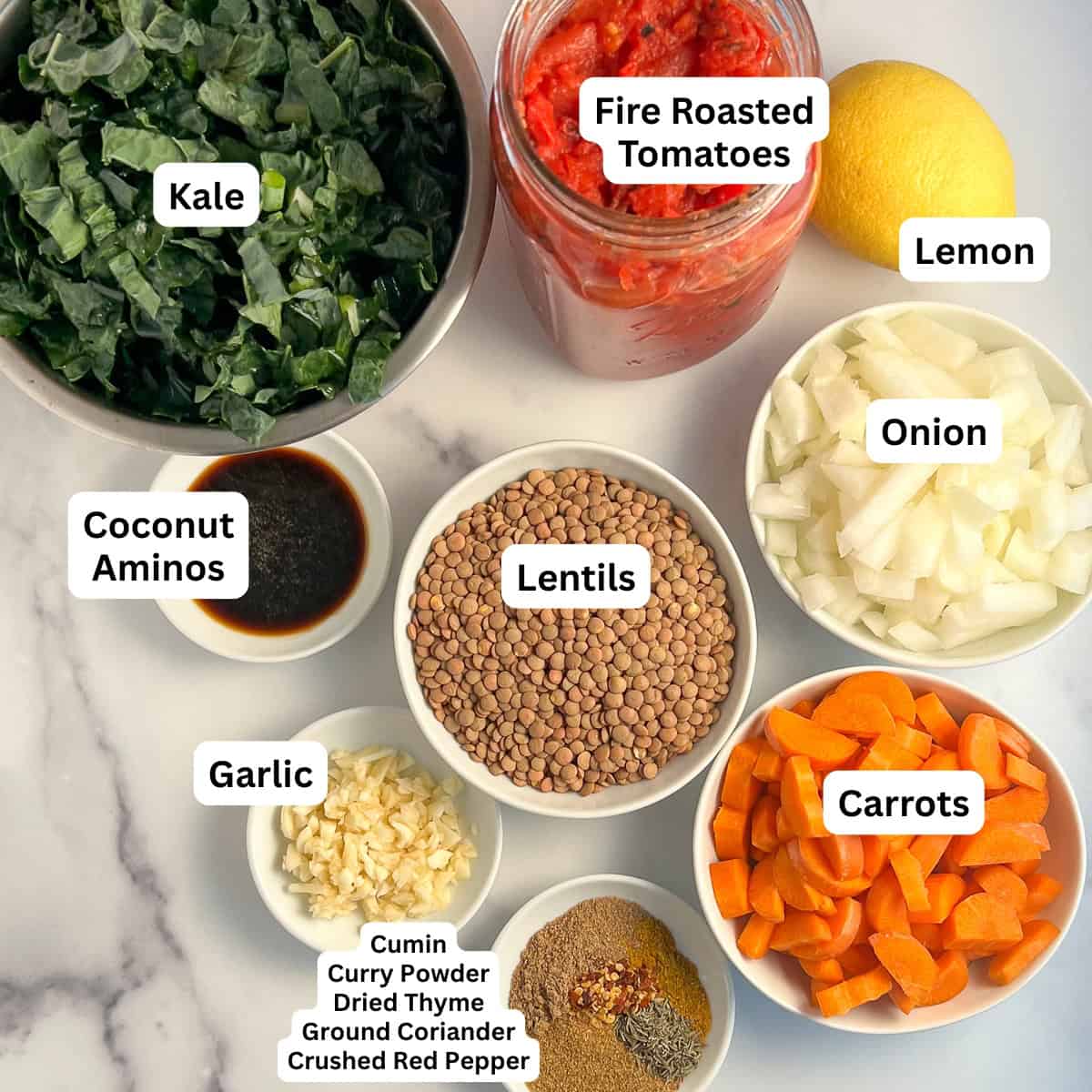 Lentil soup ingredients: brown lentils, fire roasted diced tomatoes, onion, carrots, garlic, coconut aminos, kale and spices.