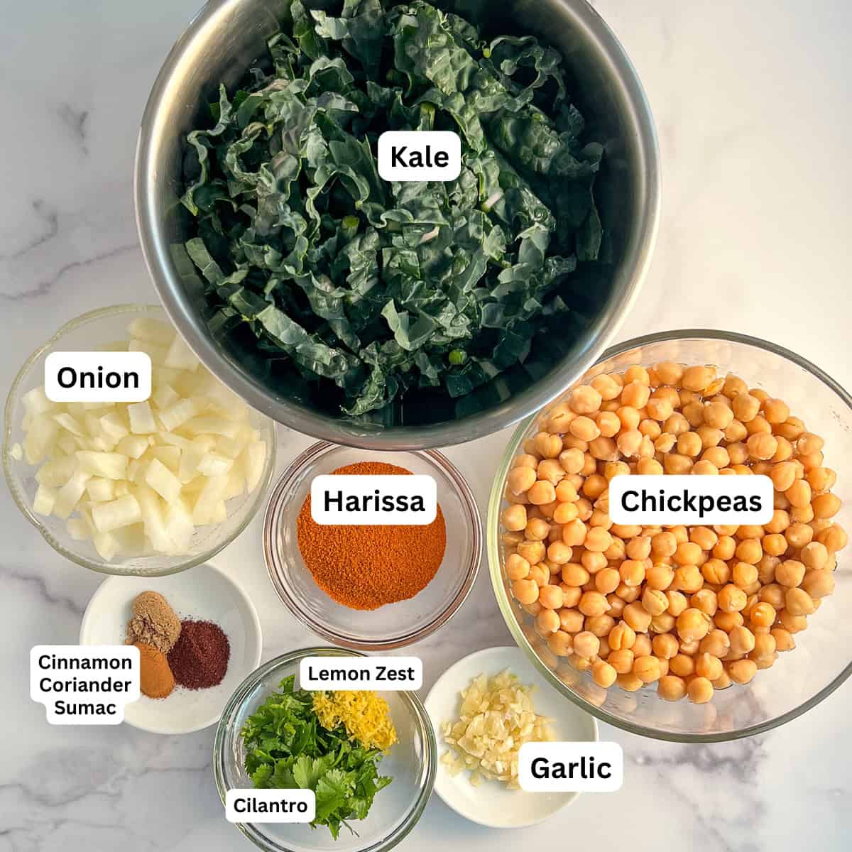 Ingredients to make North African Chickpea Soup: kale, onion, chickpeas, harissa, cinnamon, coriander, sumac, garlic, cilantro and lemon zest.