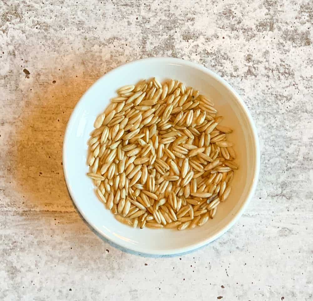 close up top view of oat groats in a small bowl sitting on a grey surface