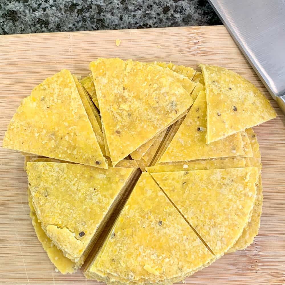 top view of sprouted corn tortilla chips that have already been cut into triangles