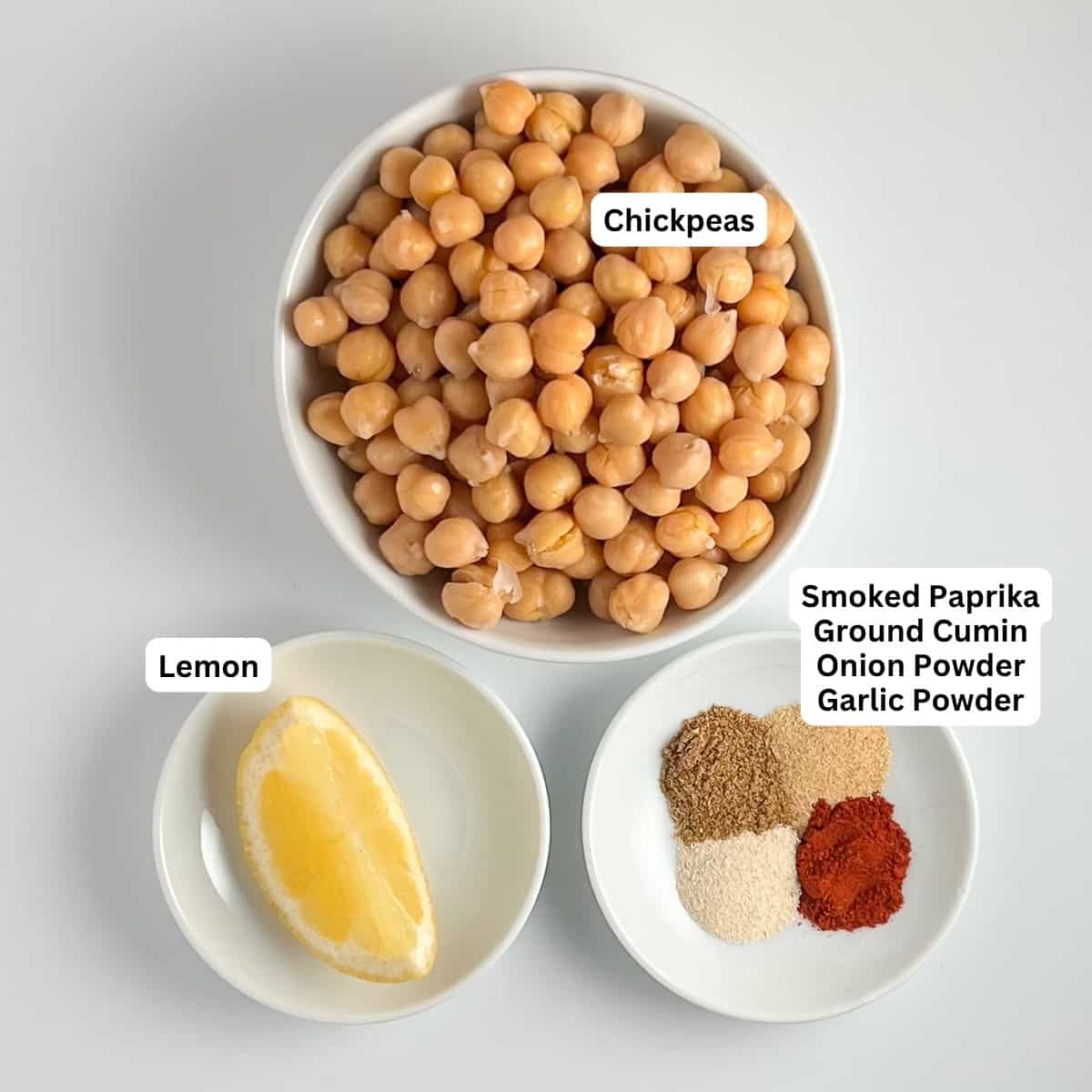 Ingredients for roasted chickpeas: chickpeas, lemon, spices.