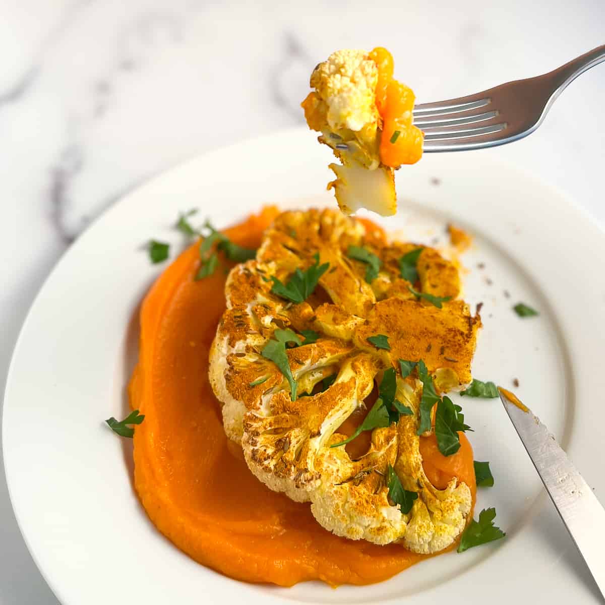 top side close up of spice crusted cauliflower steak on top of butternut squash puree and topped with fresh chopped parsley. 