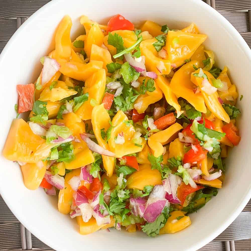 top view close up of jackfruit salsa in a white bowl