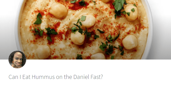 screenshot of blog article with a close up of a dish of hummus. 