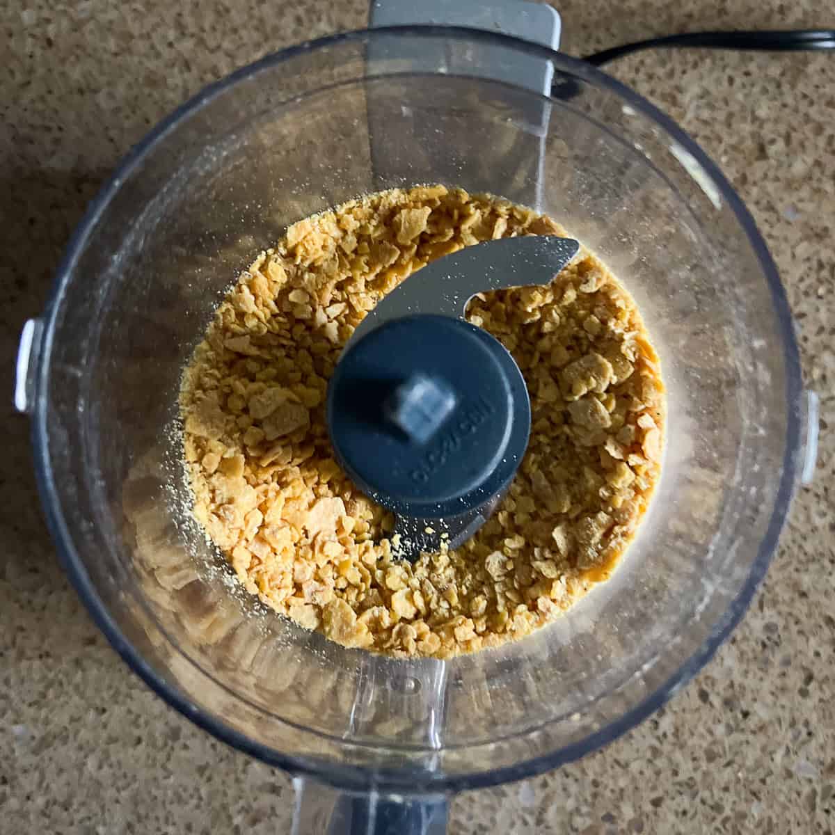 Toasted corn tortillas crumbled in a food processor.