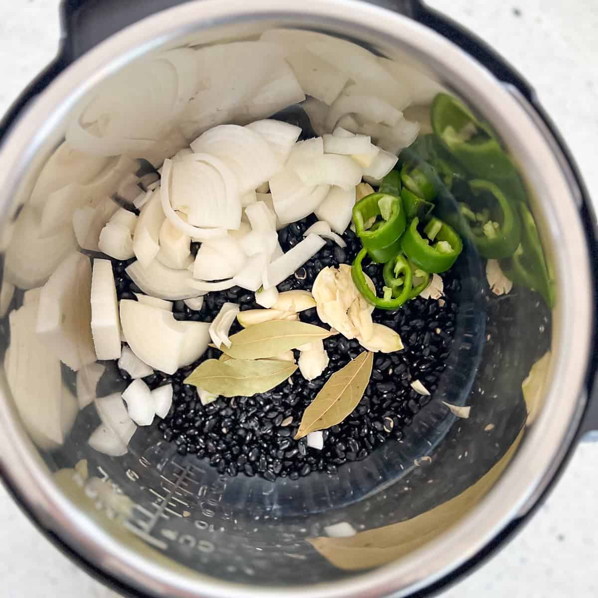 Black beans, onion, garlic, jalapeno, and bay leaves in the Instant Pot.