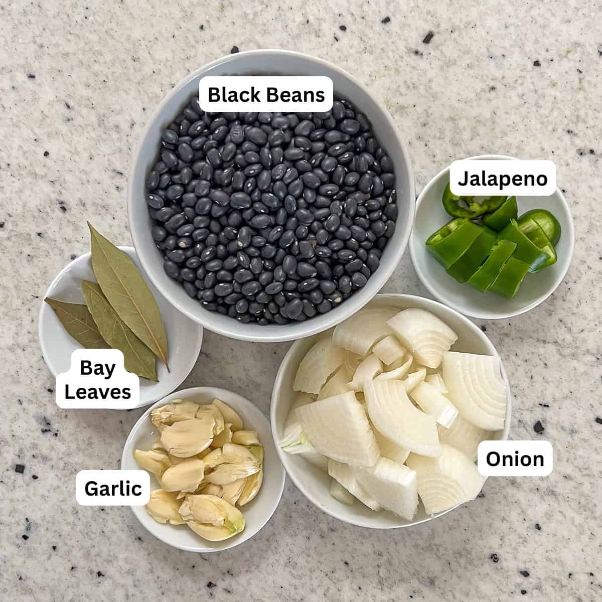 Cuban black bean ingredients: dried black beans, onion, garlic, bay leaves, and jalapeno pepper.