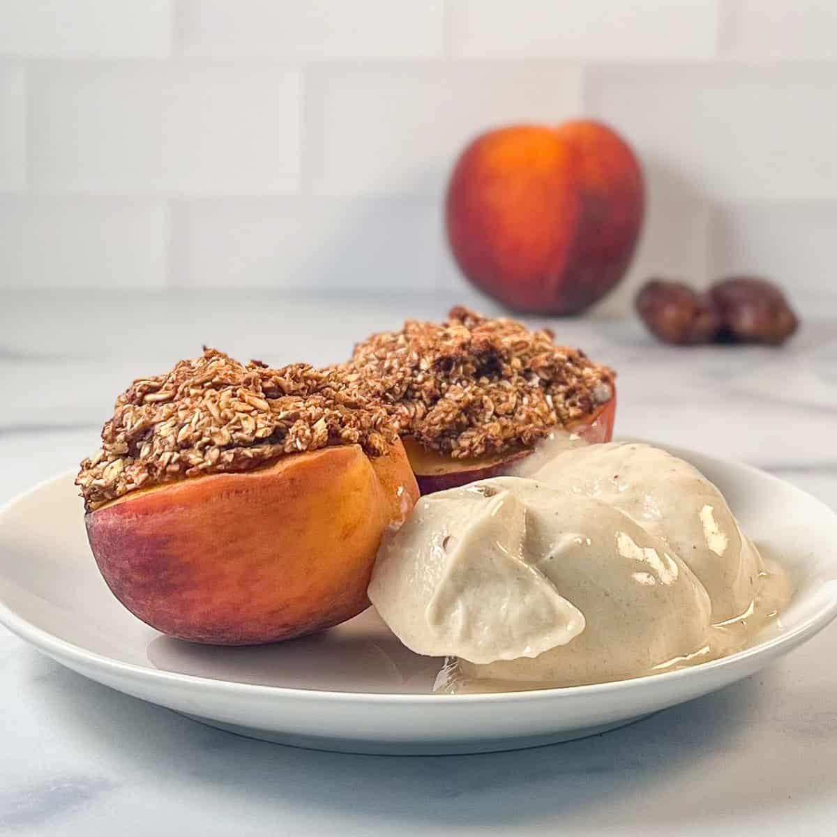 Single serving healthy peach cobbler with a side of banana nice cream.