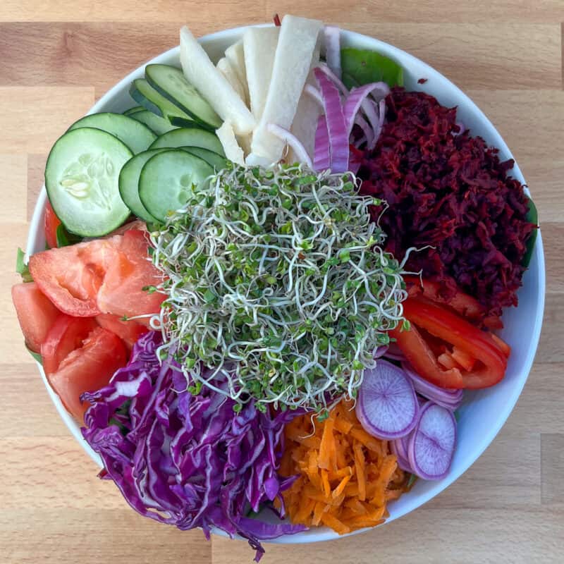 top view close up of rainbow salad with a rainbow of different colored vegetables