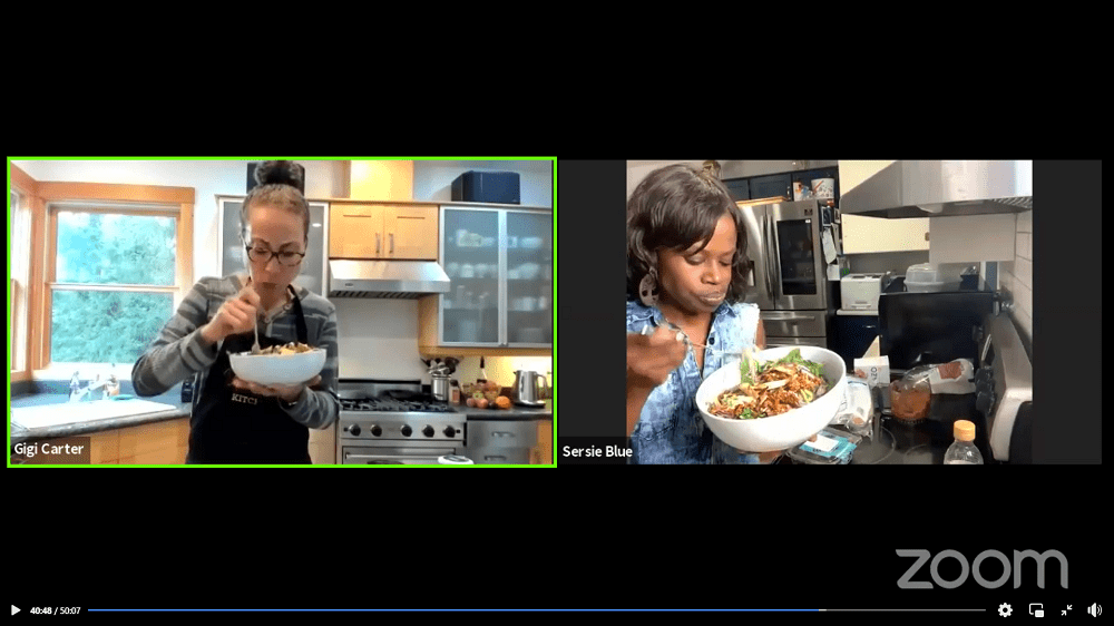 Gigi and Sersie on Zoom preparing the Yummy Raw Walnut Meat Taco Salad during their monthly cook & chat... girls night in! Live in the Facebook Group.