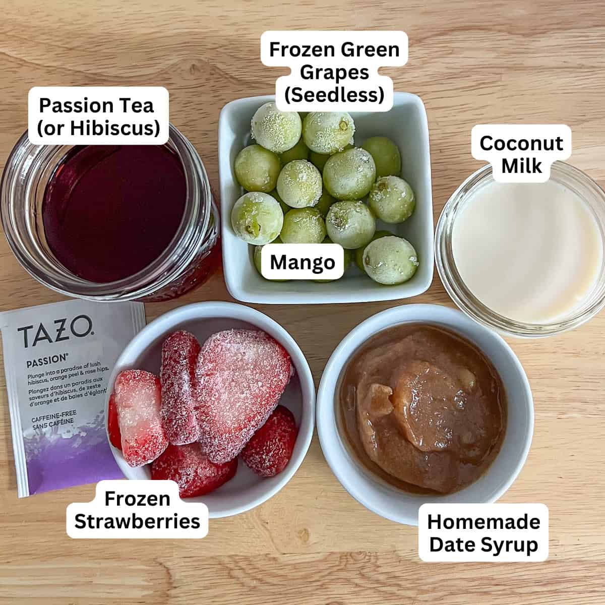 Ingredients for starbucks pink drink: hibiscus tea, strawberries, date syrup, coconut milk, green grapes.