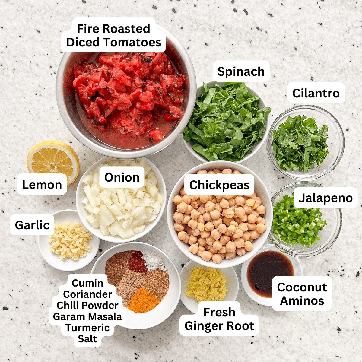 Ingredients for vegan chana masala: diced tomatoes, chickpeas, onion, garlic, ginger root, diced jalapeno, coconut aminos, chopped cilantro, chopped spinach, lemon and spices.