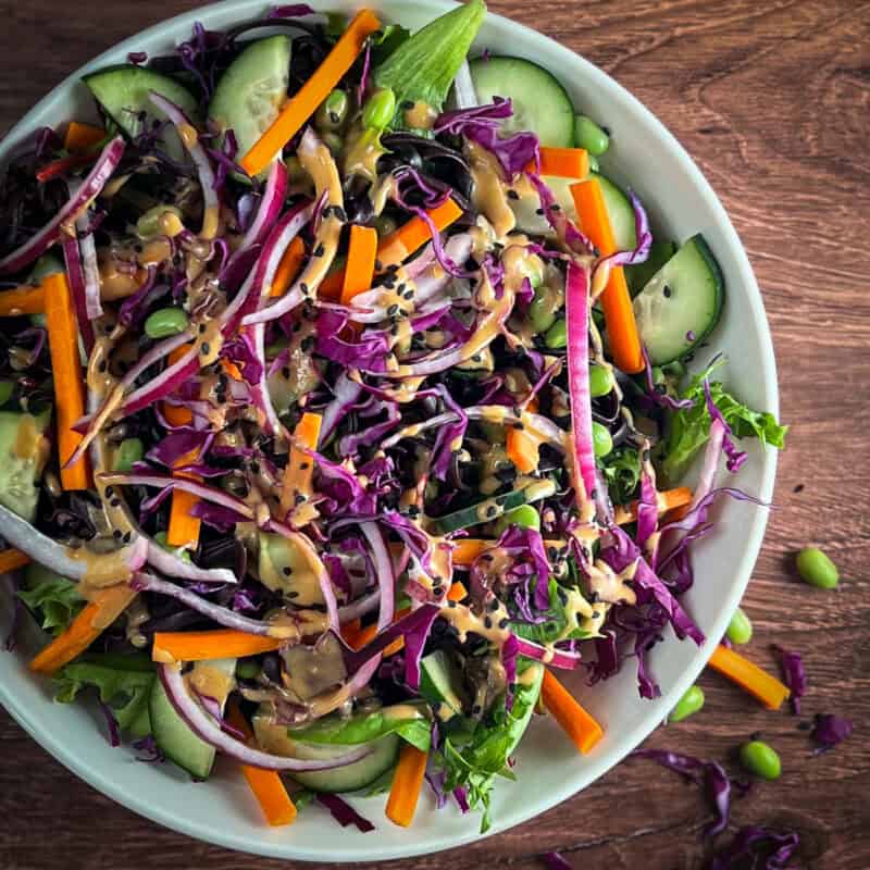 Asian noodle salad loaded with colorful vegetables in a bowl.