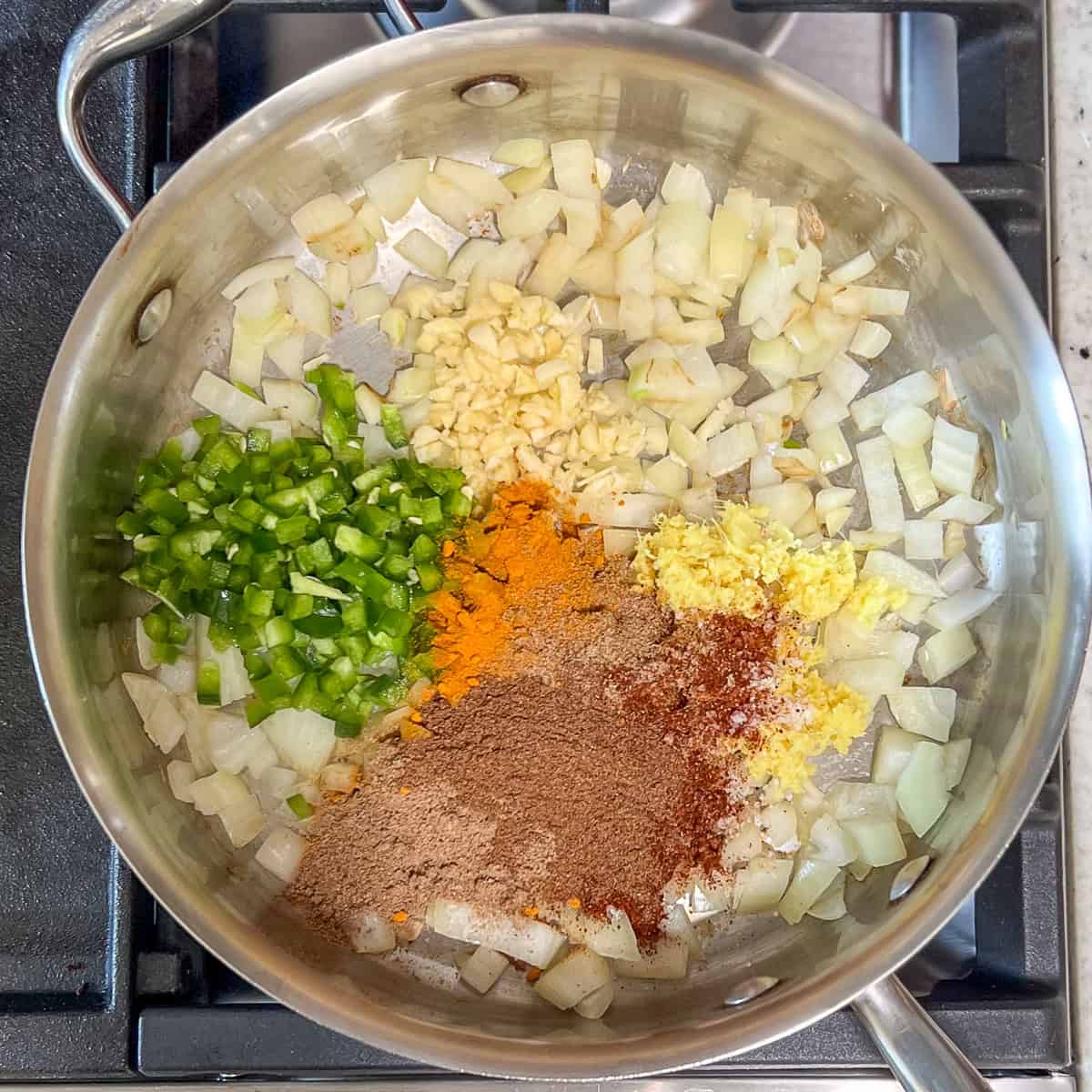 Garlic, ginger, jalapeno and onion in a skillet with dry spices.