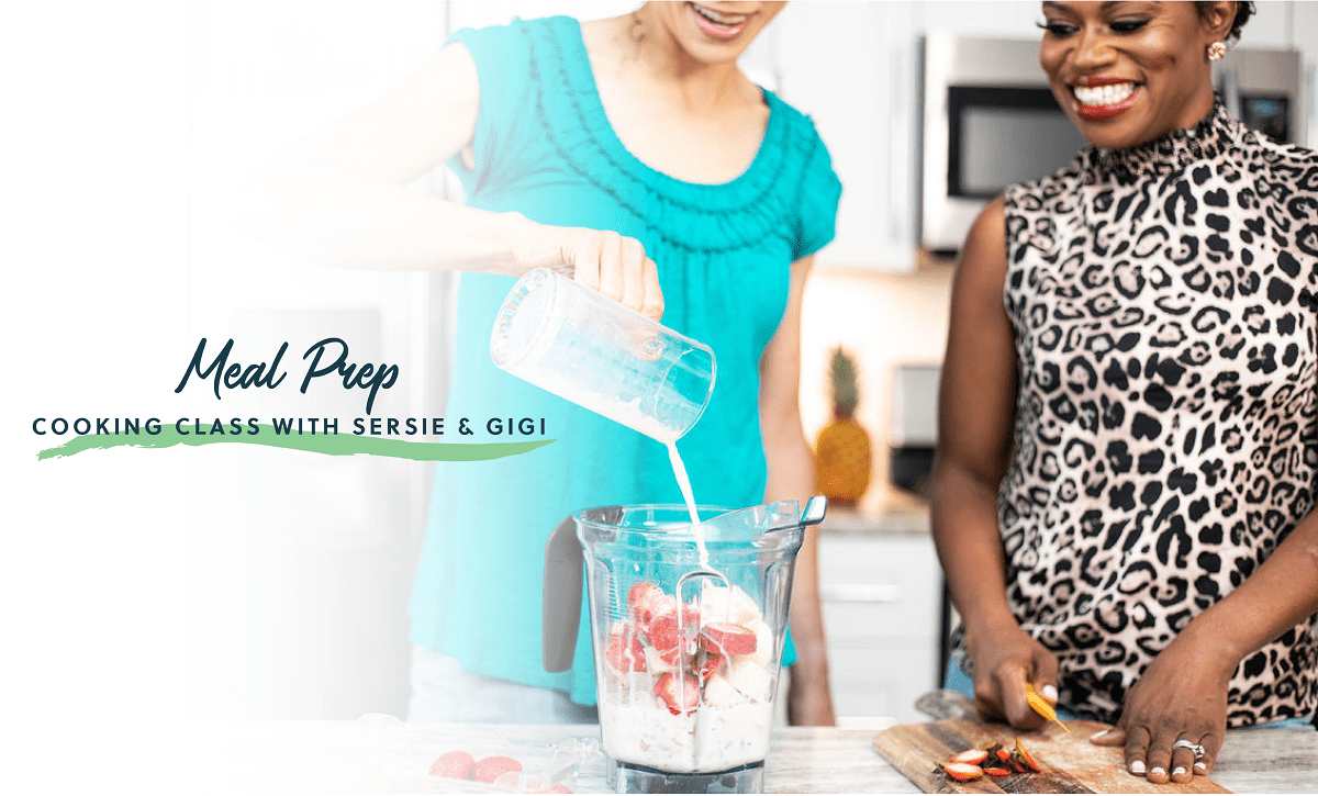 meal prep cooking class thumbnail with two women smiling and making a smoothie