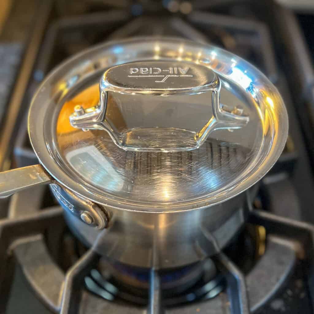 stainless steel pot on a stove with a lid on