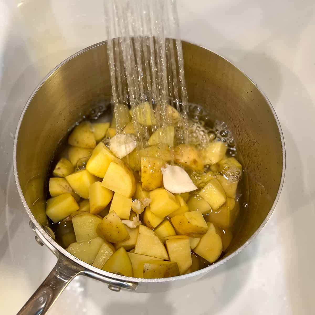 pot with potatoes and garlic being filled with water