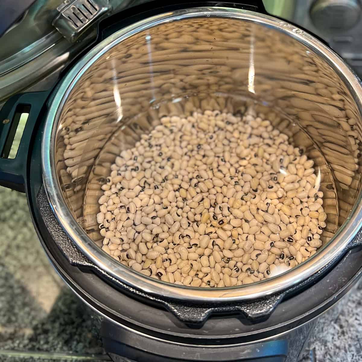top view of uncooked black eyed peas and water in Instant Pot pressure cooker