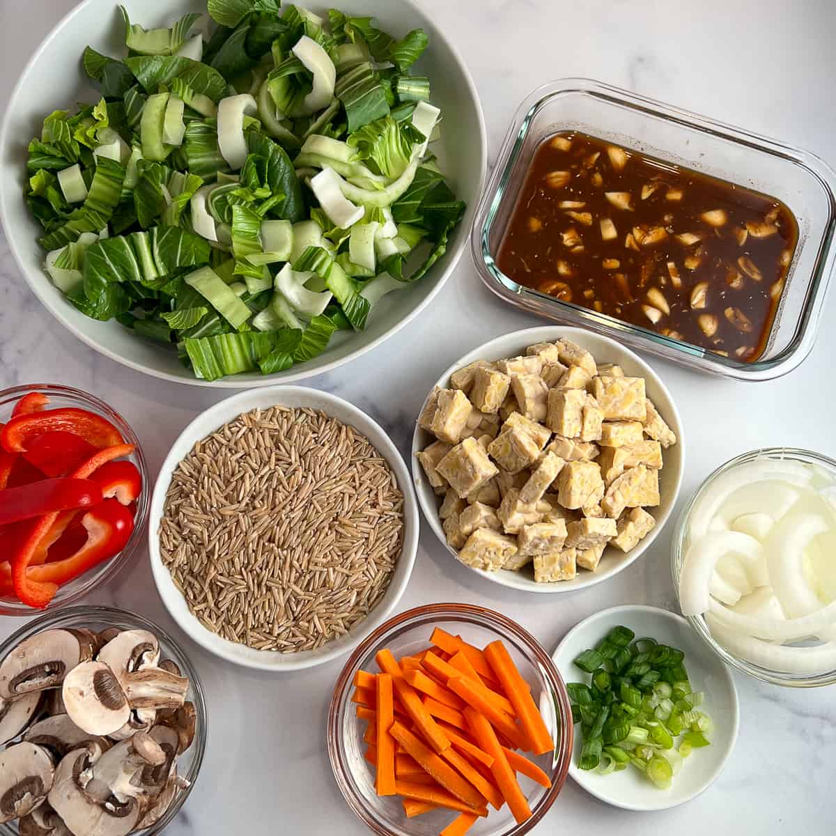 top view of key ingredients needed for recipe: tempeh, brown rice, onion, carrot, mushrooms, red bell pepper, baby bok choy and stir fry sauce
