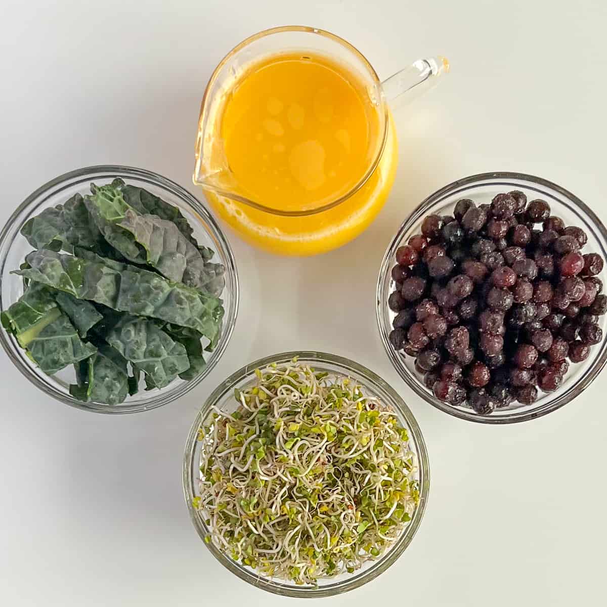 top view of the key ingredients in the immunity booster smoothie: orange juice, wild blueberries, broccoli sprouts and kale
