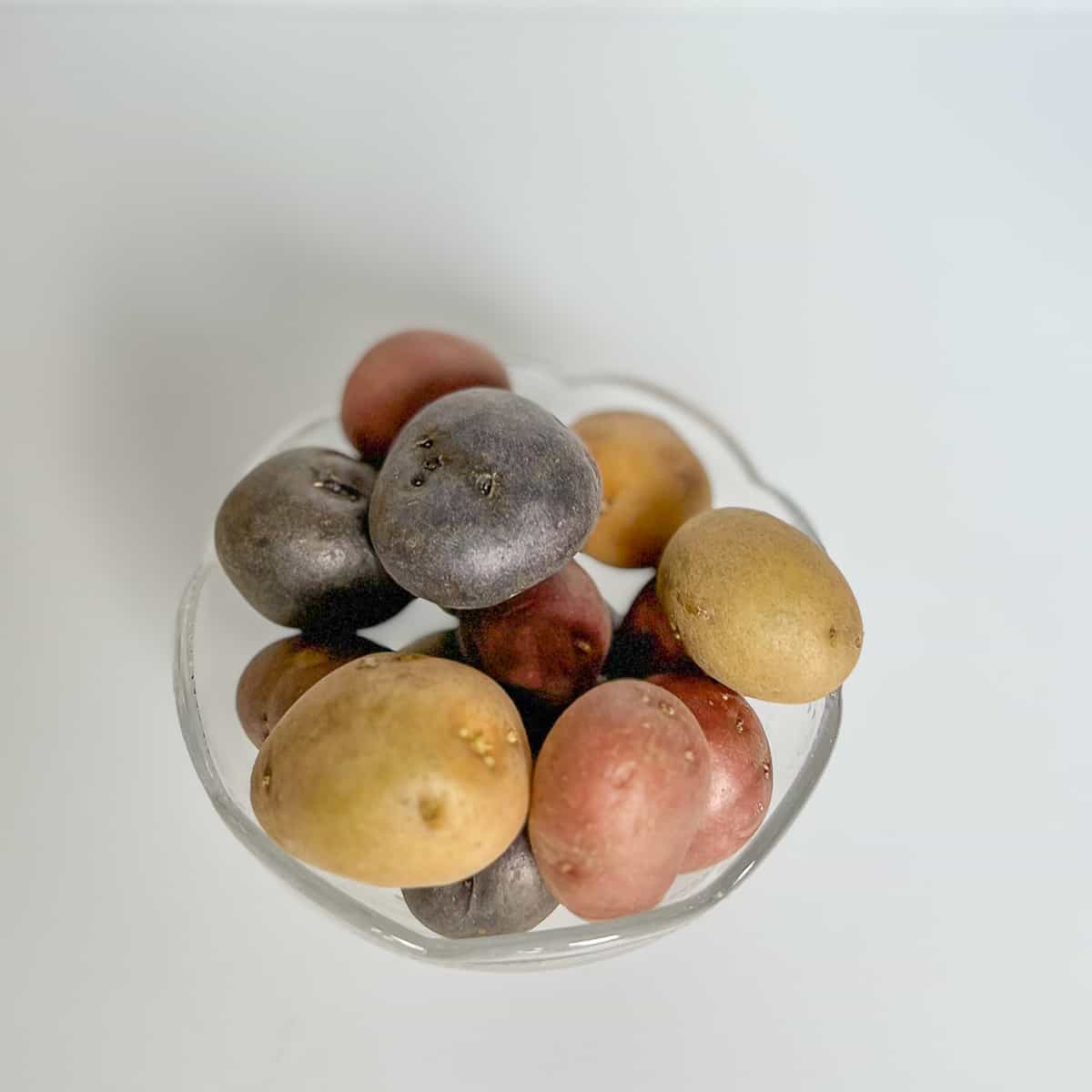 top view close up of a bowl of petite rainbow potatoes against a white backdrop