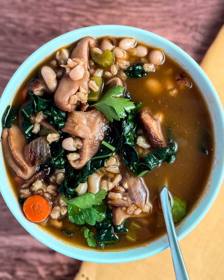 Mushroom barley soup in a bowl with a spoon.