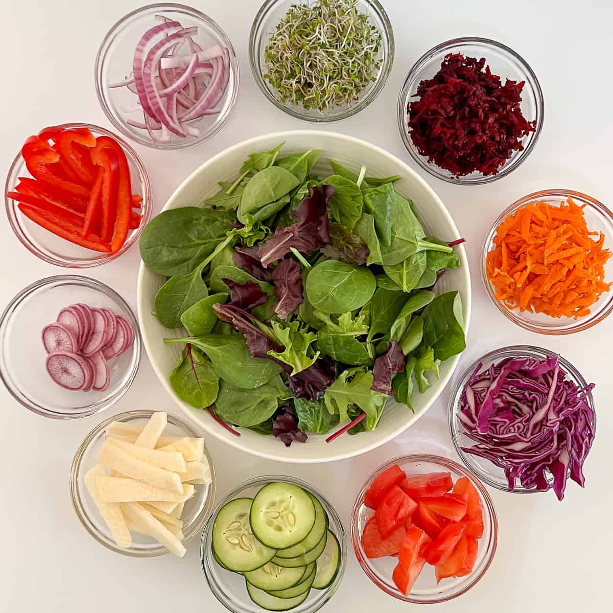 top view of ingredients for rainbow salad: mixed baby greens, broccoli sprouts, beets, carrot, onion, bell pepper, radish, jicama, cucumber, tomato, cabbage
