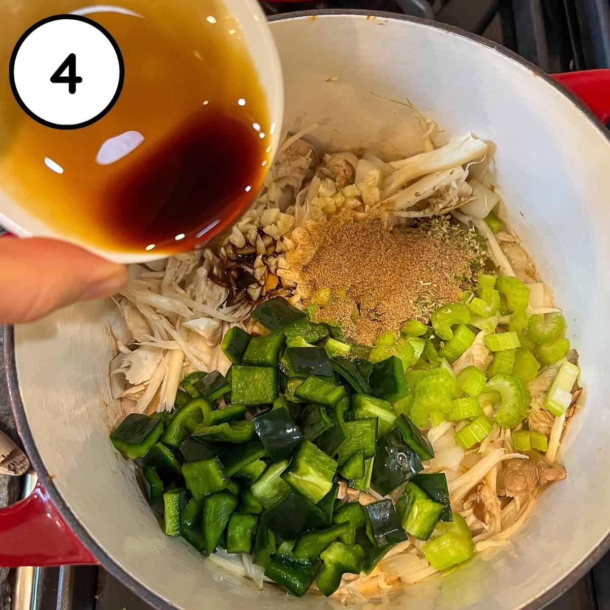 Other veggies and coconut aminos added to the pot with shredded mushrooms and sautéed onions.