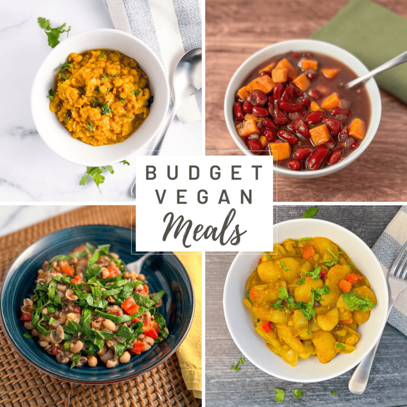 A graphic with four bean dishes and a title that reads Budget Vegan Meals.