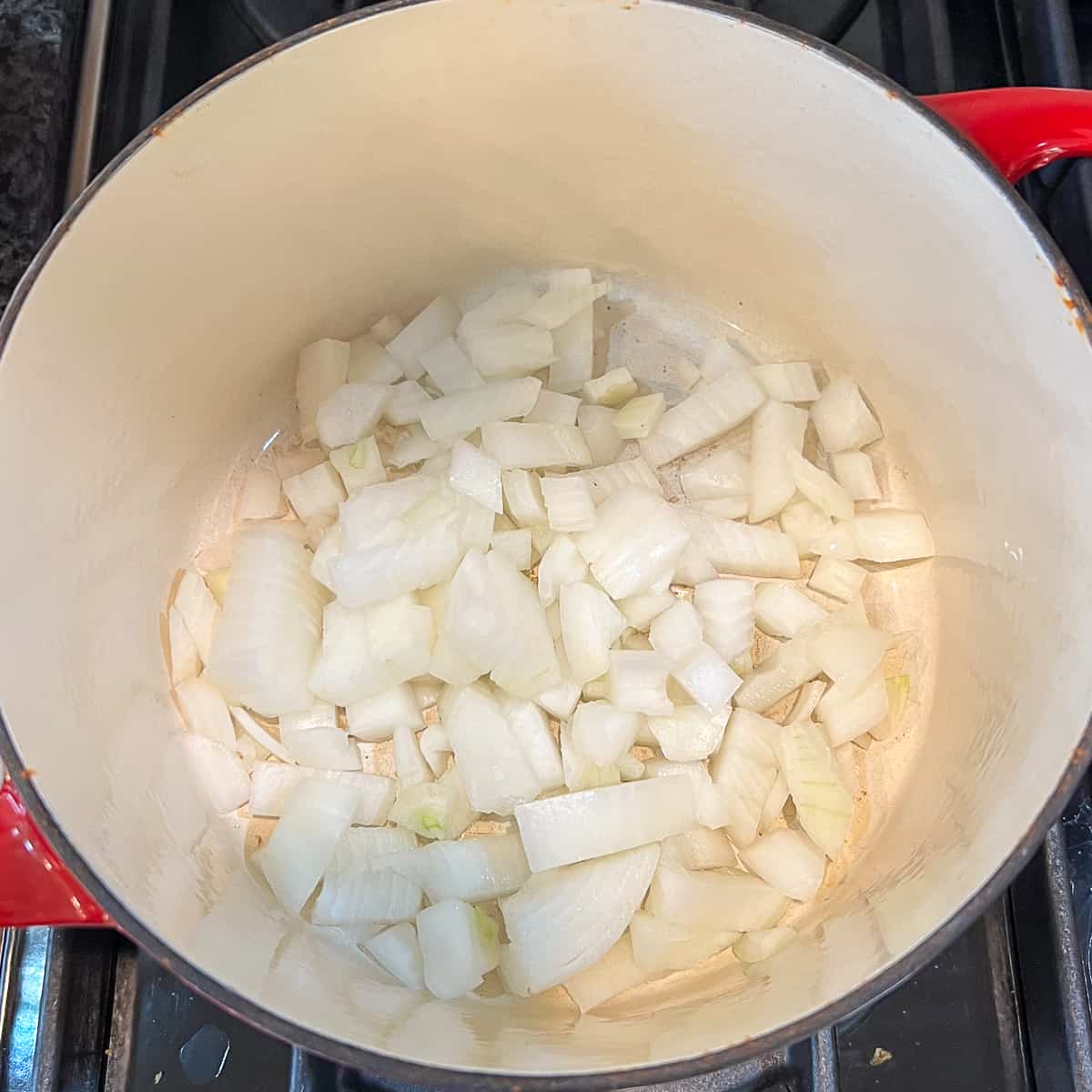 Chopped white onion in a pot on the stovetop.