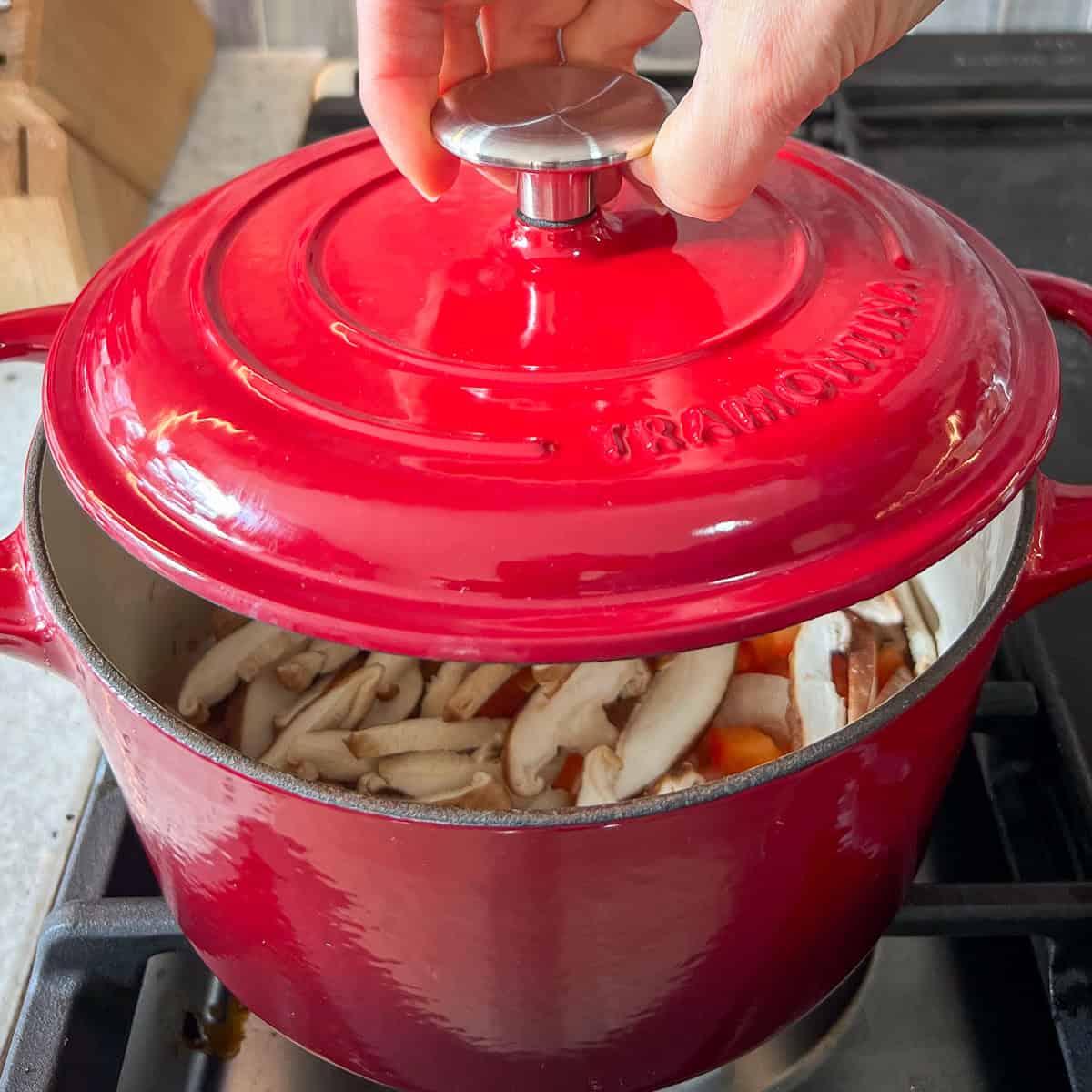 Lid being put on a pot on the stovetop.