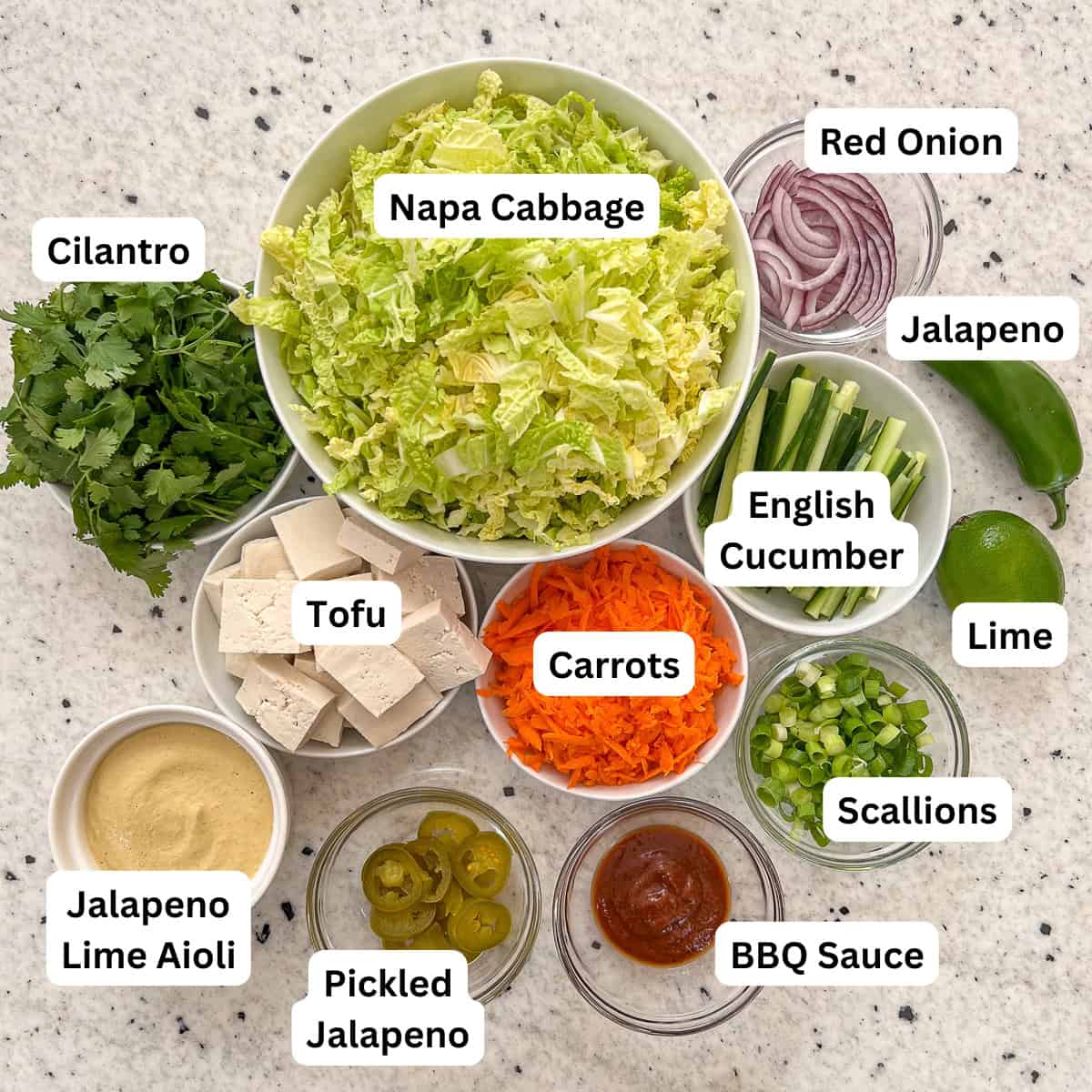Ingredients for vegan banh mi salad: napa cabbage, cilantro, onion, cucumber, tofu, carrots, aioli sauce, arrowroot powder, BBQ sauce, lime, and jalapeno.