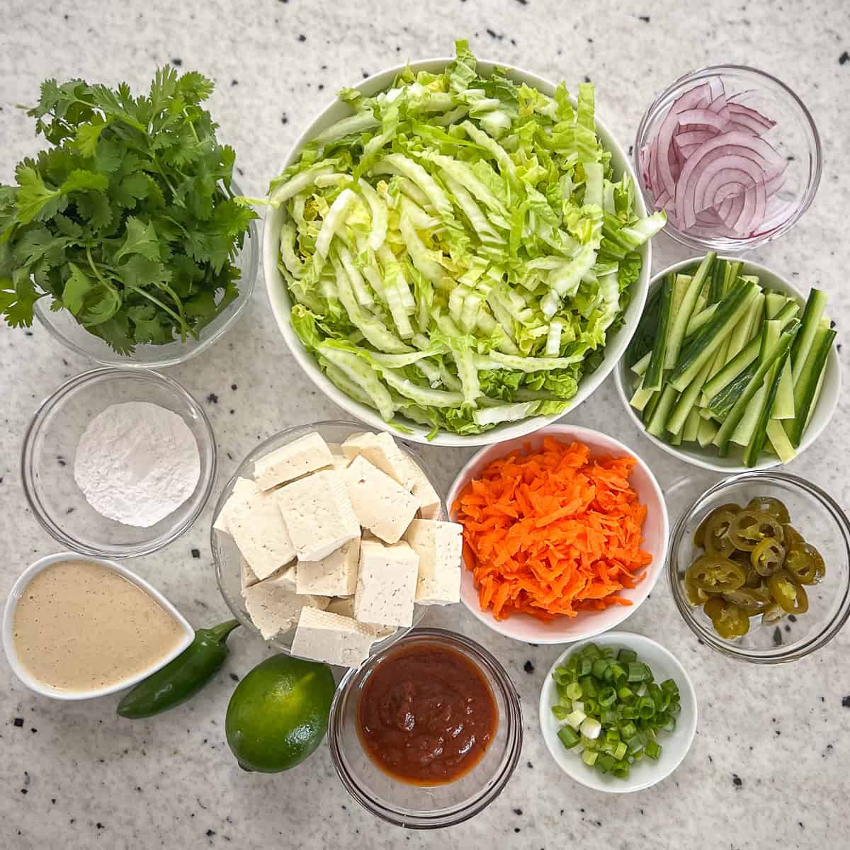 Ingredients for vegan banh mi salad: napa cabbage, cilantro, onion, cucumber, tofu, carrots, aioli sauce, arrowroot powder, BBQ sauce, lime, and jalapeno.