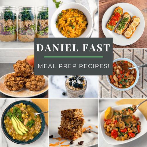 A graphic with 9 different Daniel Fast meal prep recipes.