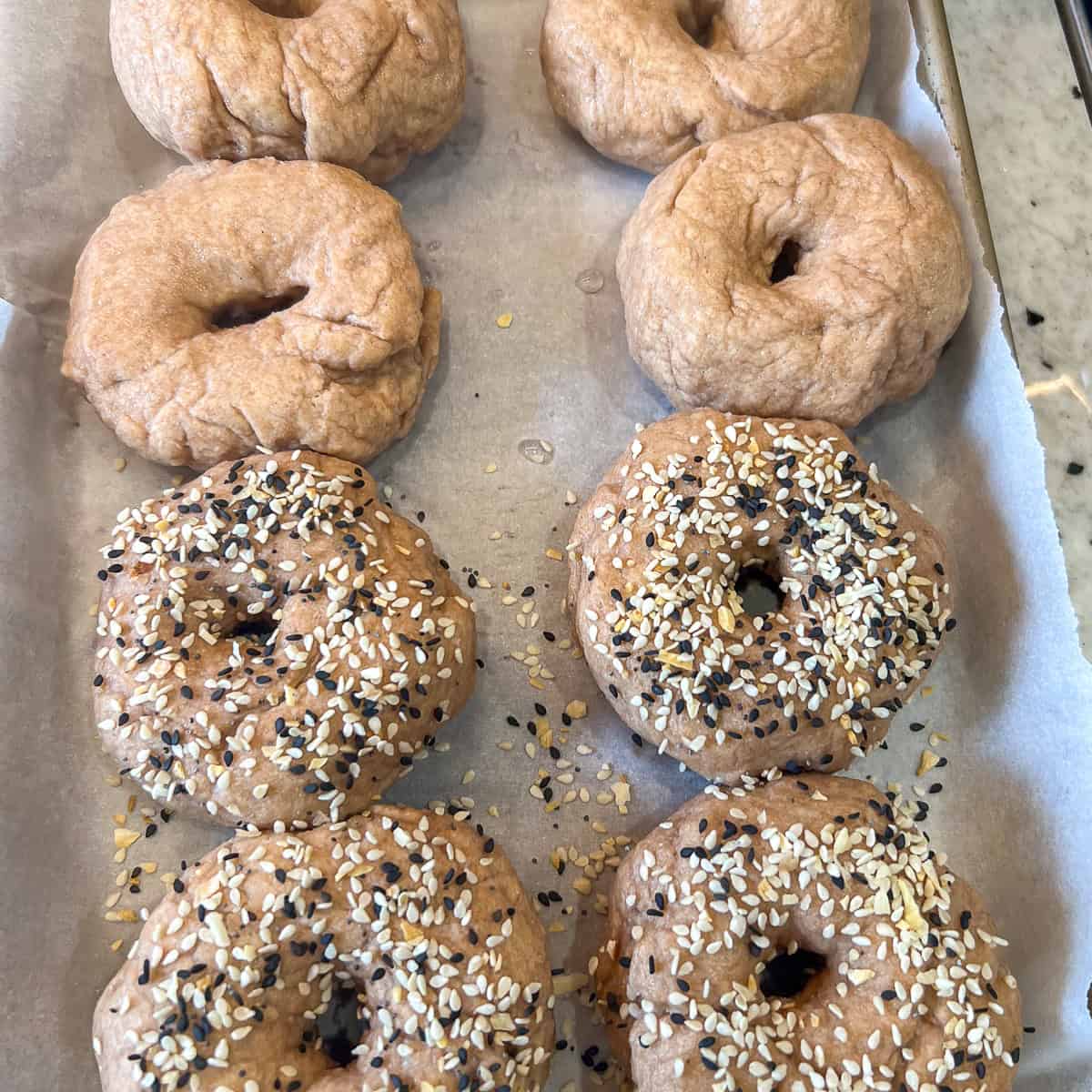 Eight whole wheat bagels that have been boiled but not yet baked arranged on a parchment lined baking sheet; half with  everything bagel seasoning on them.