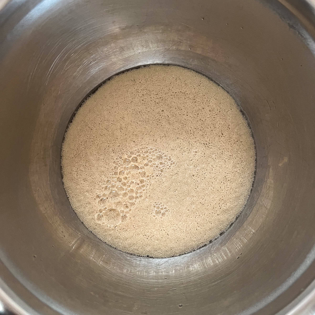 Foamy and frothy mixture in a bowl to show the yeast is good.