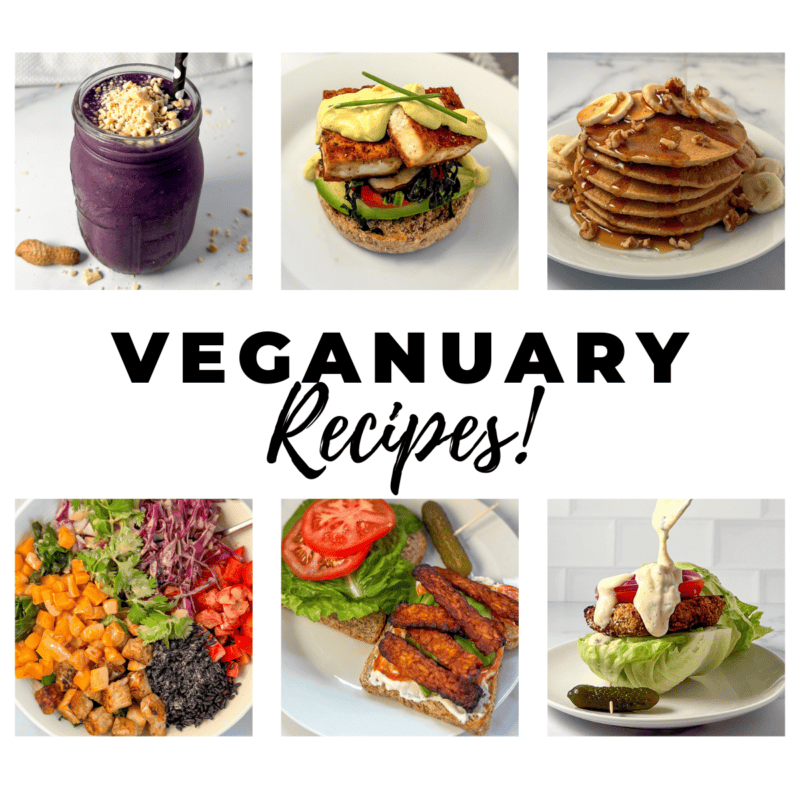 Veganuary recipes graphic with six vegan food photos.