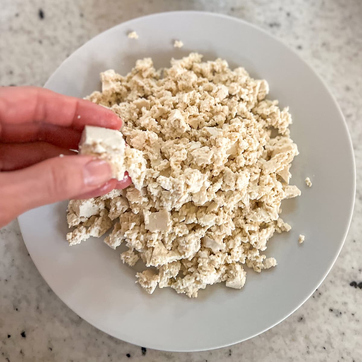 Tofu that has been crumbled by hand.