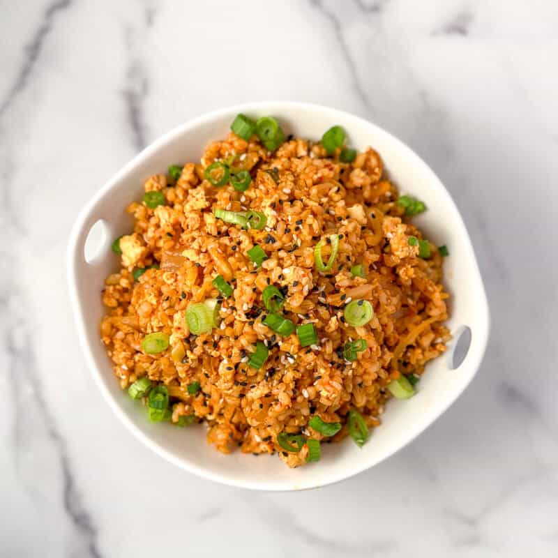 Vegan kimchi fried rice in a bowl.