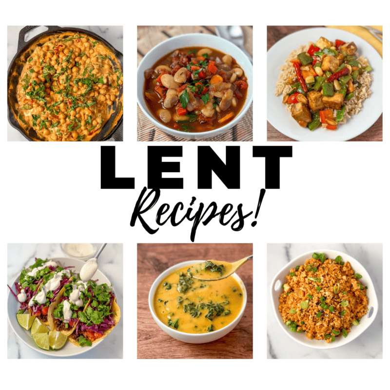 Lent recipes graphic with six food photos.