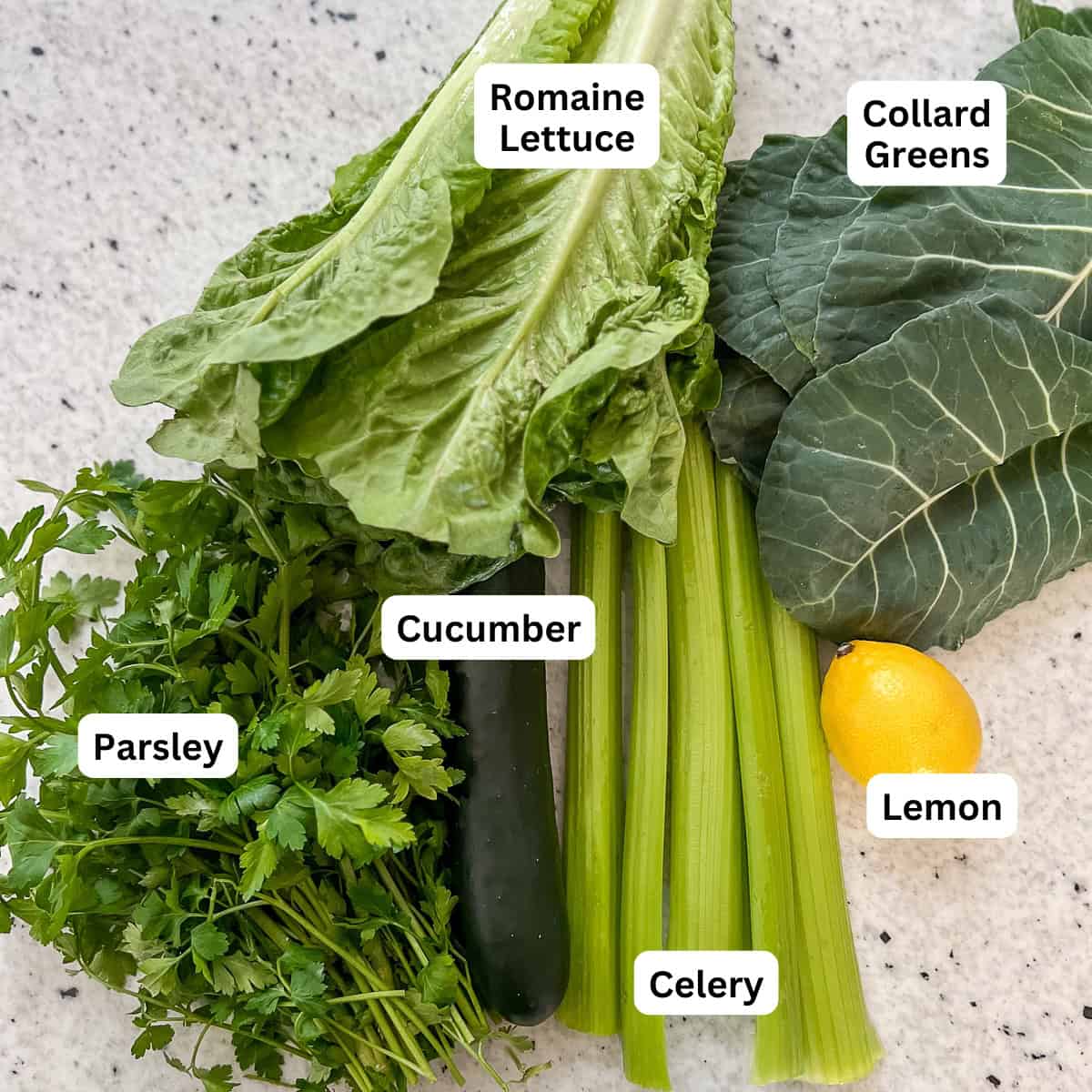 Ingredients for super green juice: Romaine lettuce, celery, cucumber, parsley, collard greens, lemon.