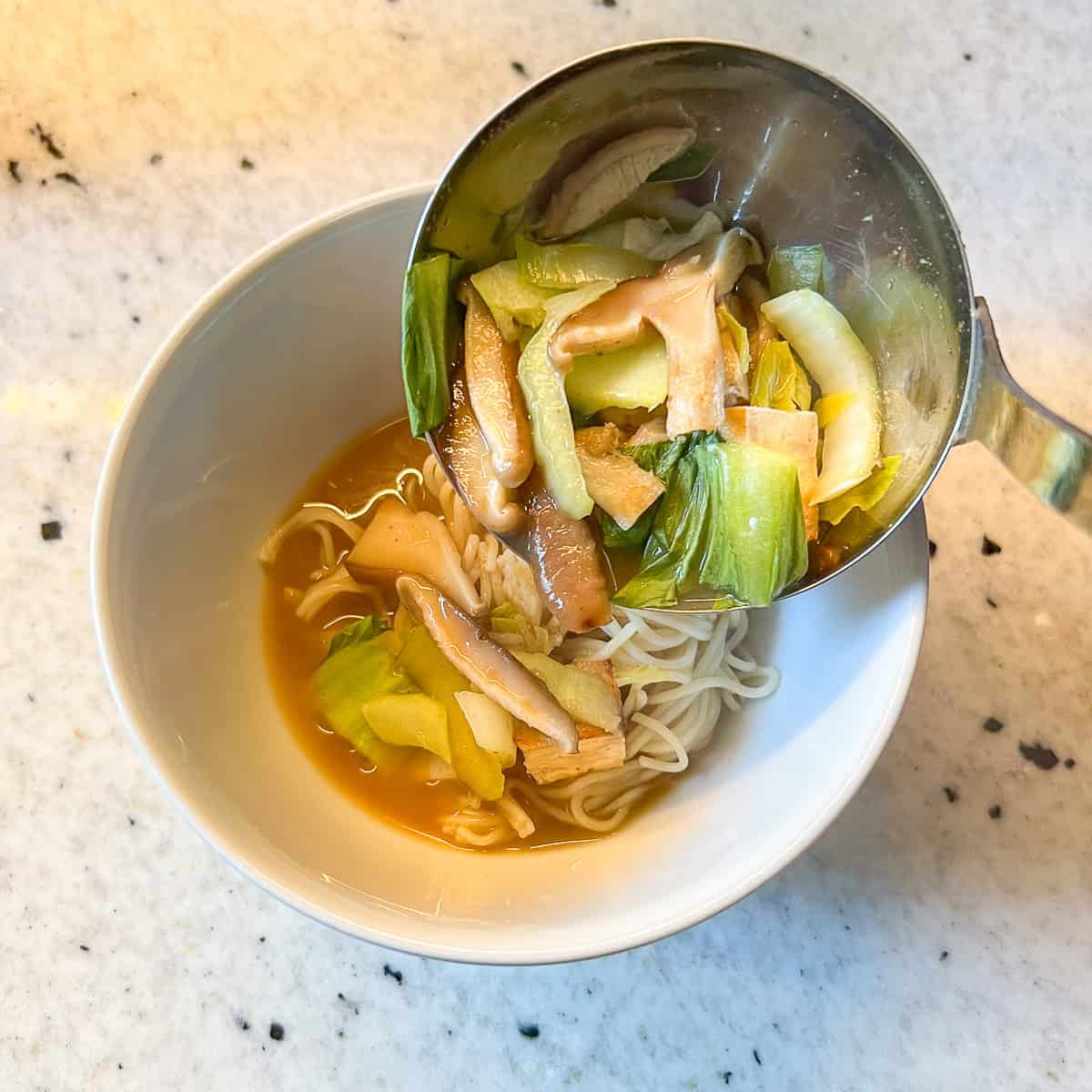 Curry broth, veggies and tofu being added to the noodles in a bowl.