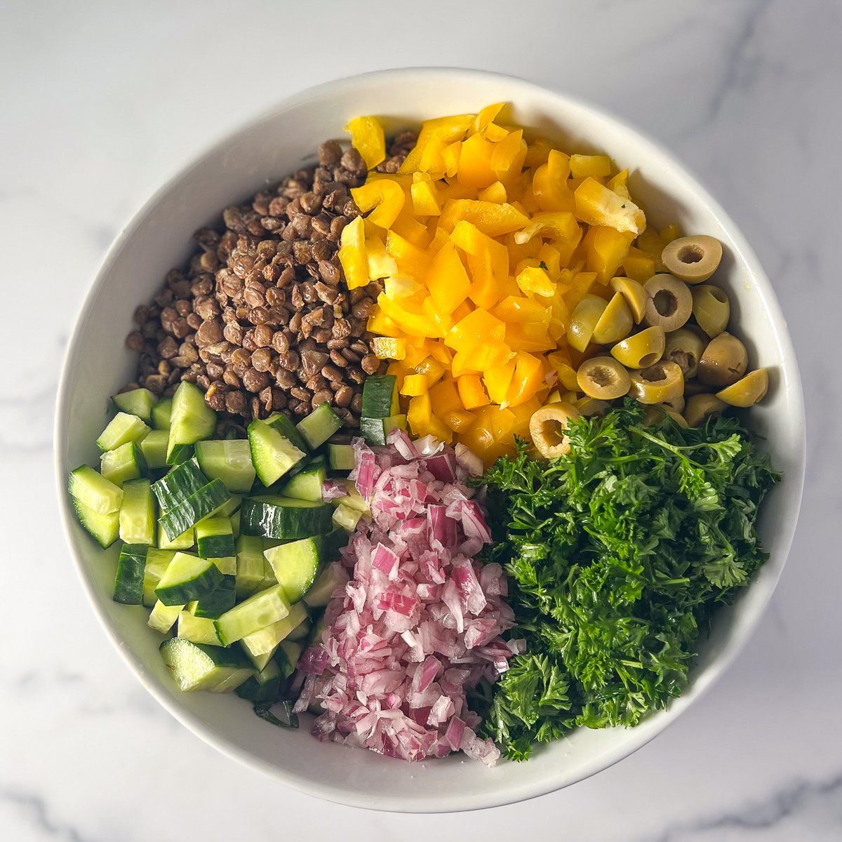 Kale lentil salad in a large bowl before mixing.