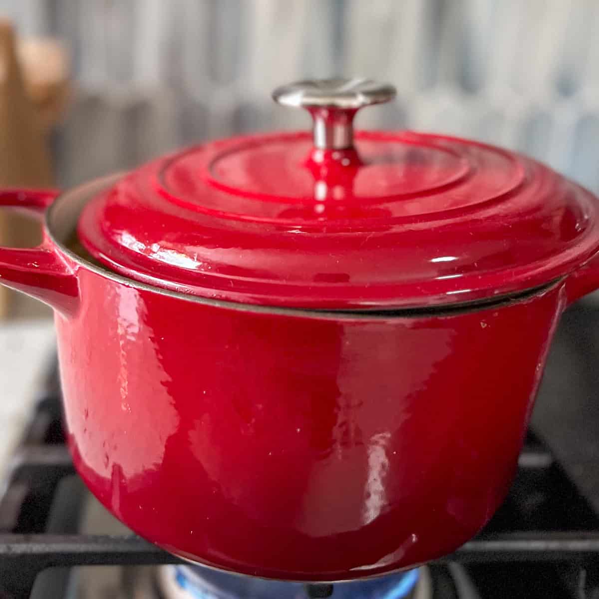 Soup pot simmering partially covered on the stovetop.