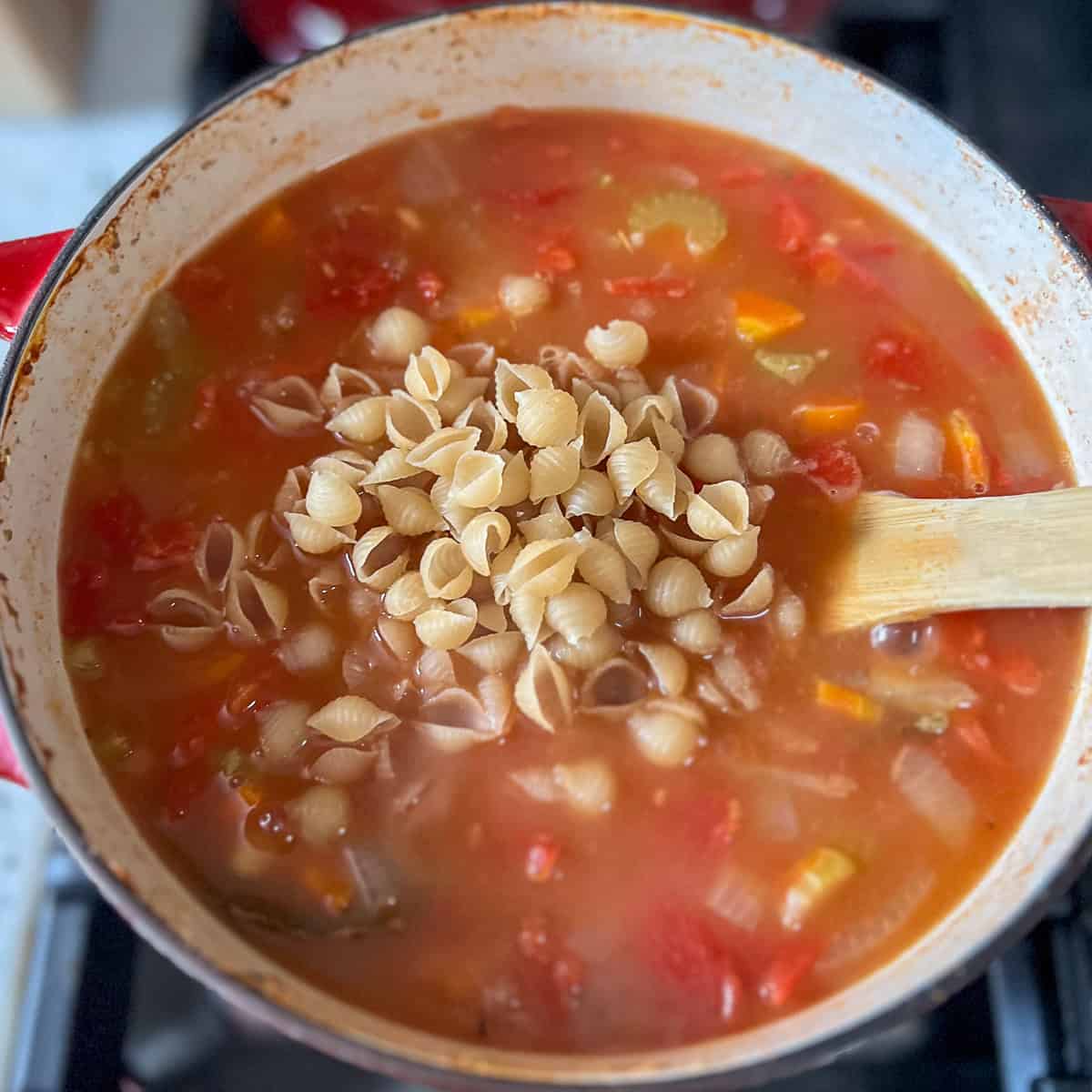 Small shells pasta added to the pot.