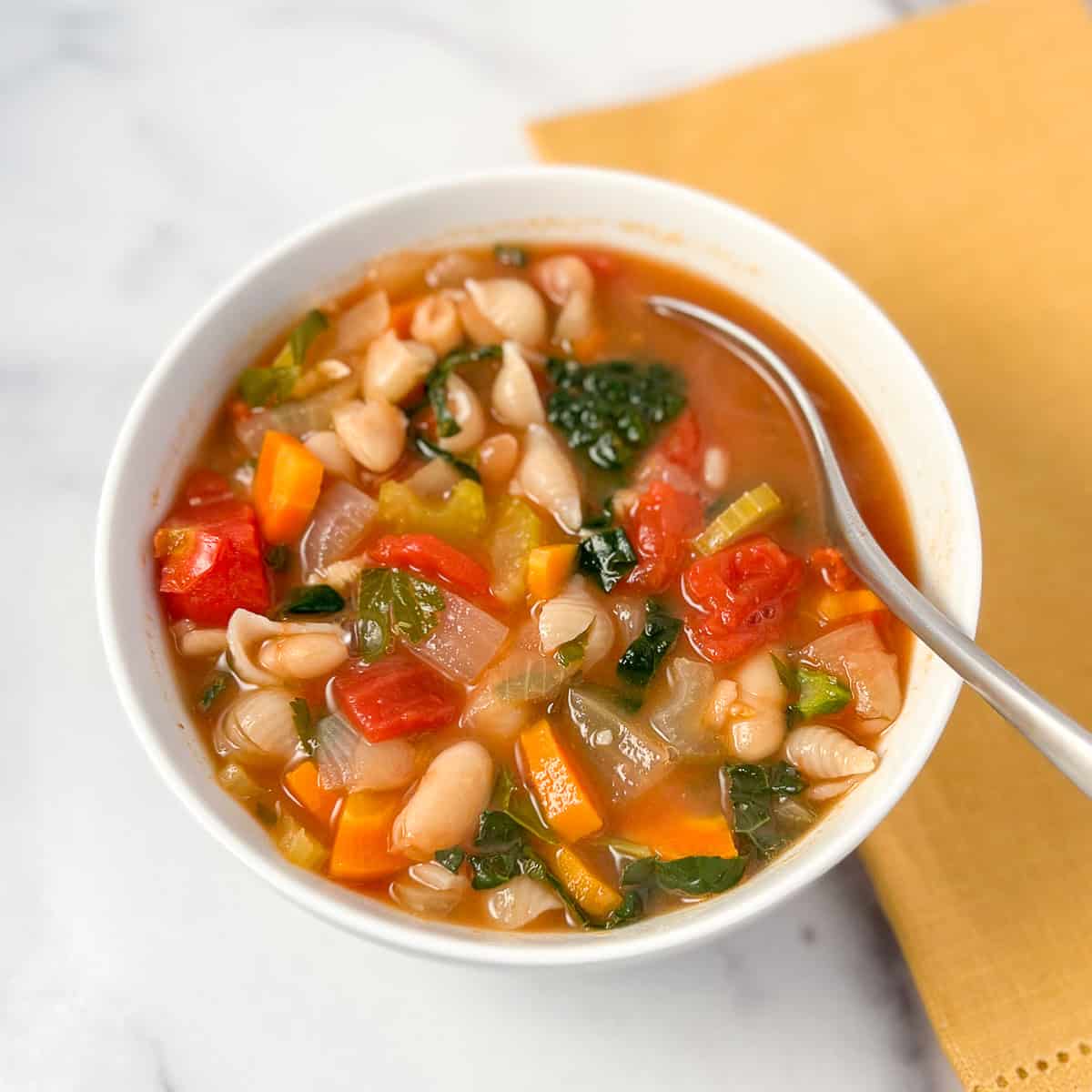 A bowl of healthy vegan minestrone soup in a bowl with a spoon.