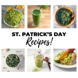 St. Patrick's Day recipes thumbnail with six green food photos.