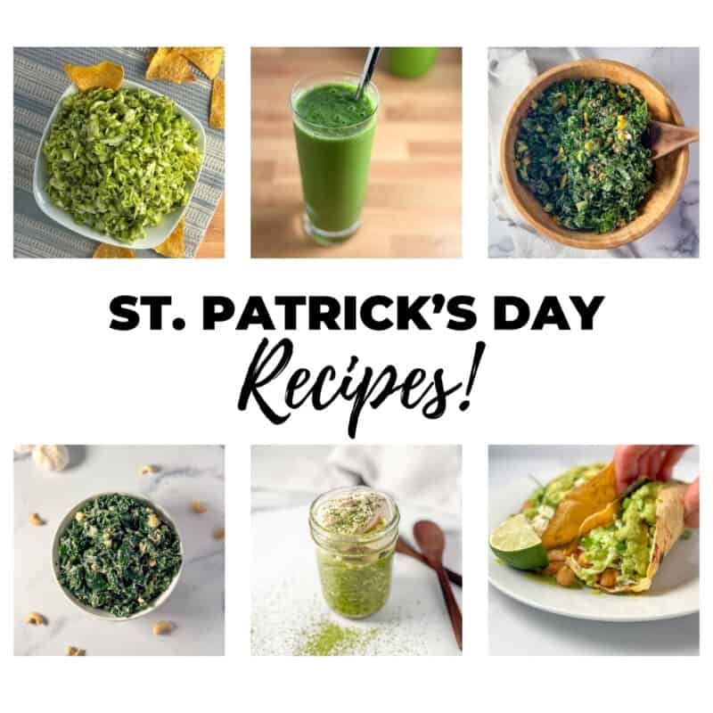 St. Patrick's Day recipes thumbnail with six green food photos.