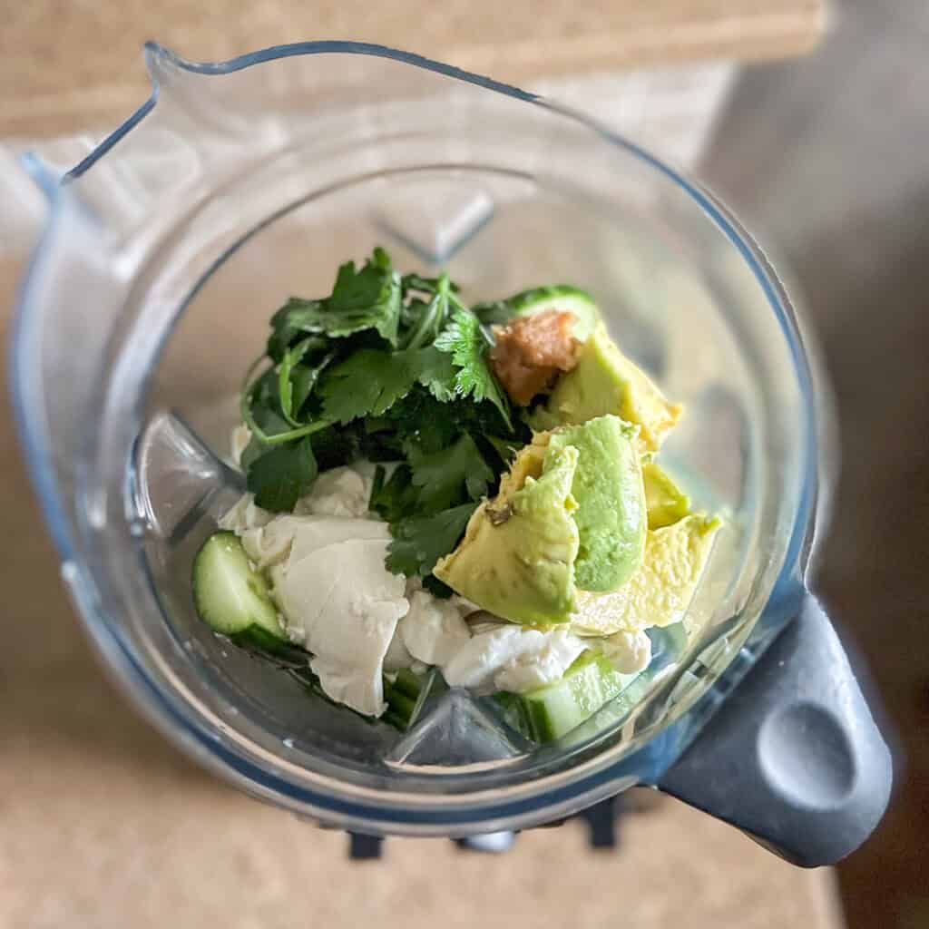 Ingredients for the gazpacho in a blender before it's been blended.