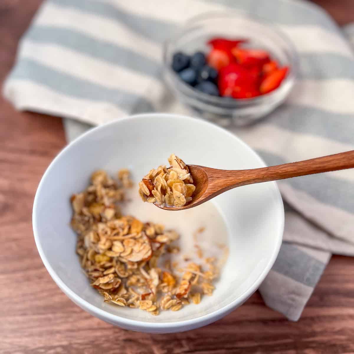 A bowl of vanilla almond granola in almond milk with a wooden spoon; a bowl of berries blurred in the background.